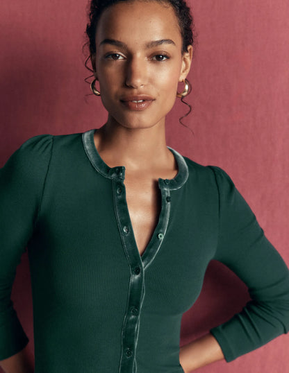 Velvet Trim Ribbed Cardigan-Green Pine
