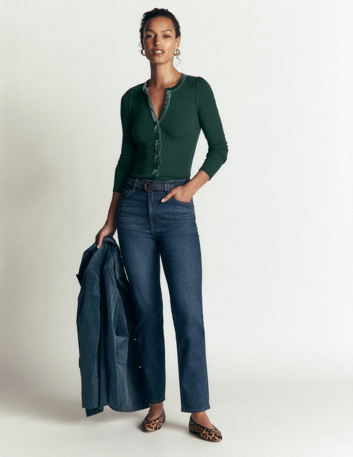 Velvet Trim Ribbed Cardigan-Green Pine