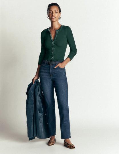 Velvet Trim Ribbed Cardigan-Green Pine