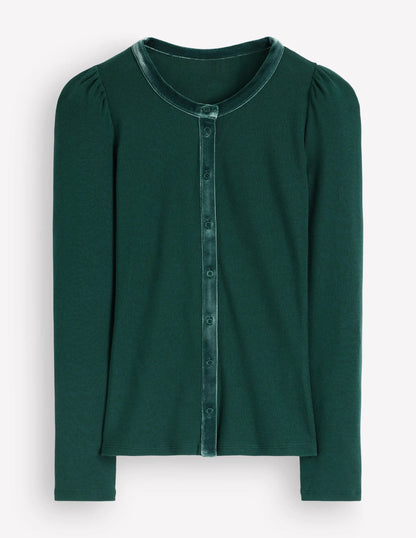Velvet Trim Ribbed Cardigan-Green Pine