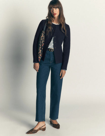 Collarless Tailored Blazer-Navy