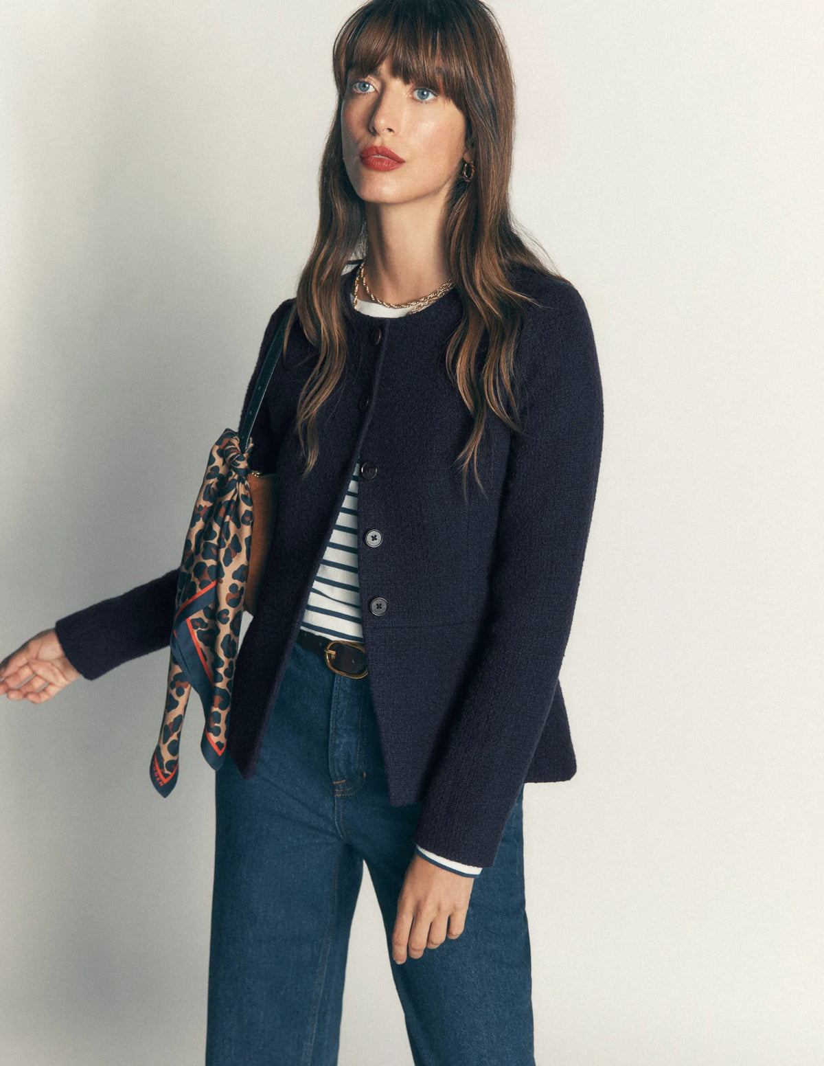 Collarless Tailored Blazer-Navy