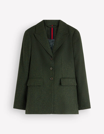 Longline Wool Button Blazer-Dark Green Herringbone