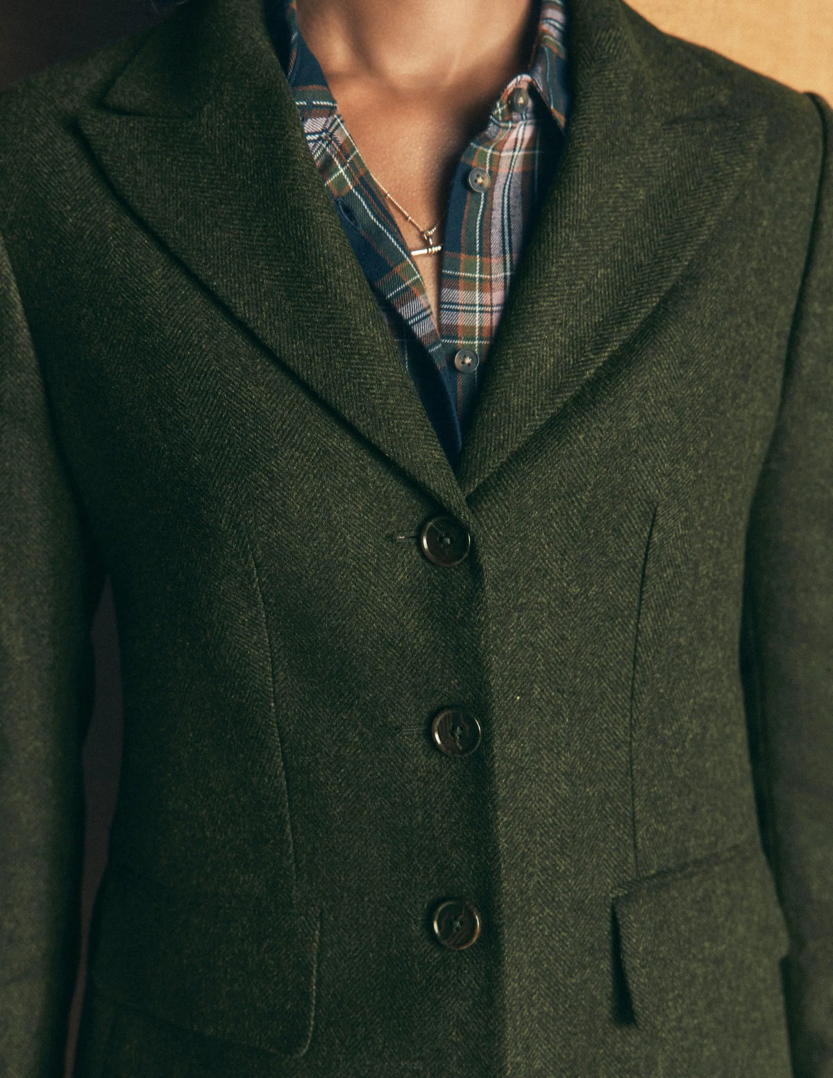 Longline Wool Button Blazer-Dark Green Herringbone