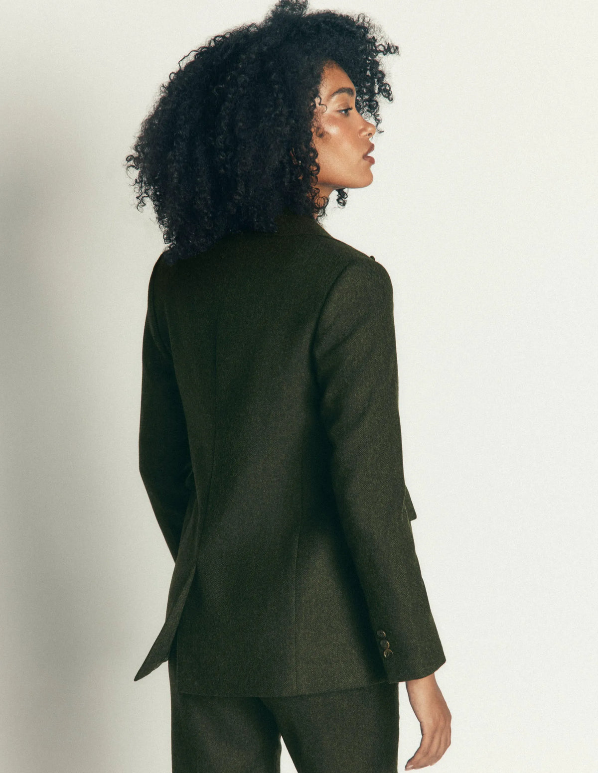 Longline Wool Button Blazer-Dark Green Herringbone