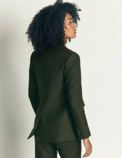 Longline Wool Button Blazer-Dark Green Herringbone