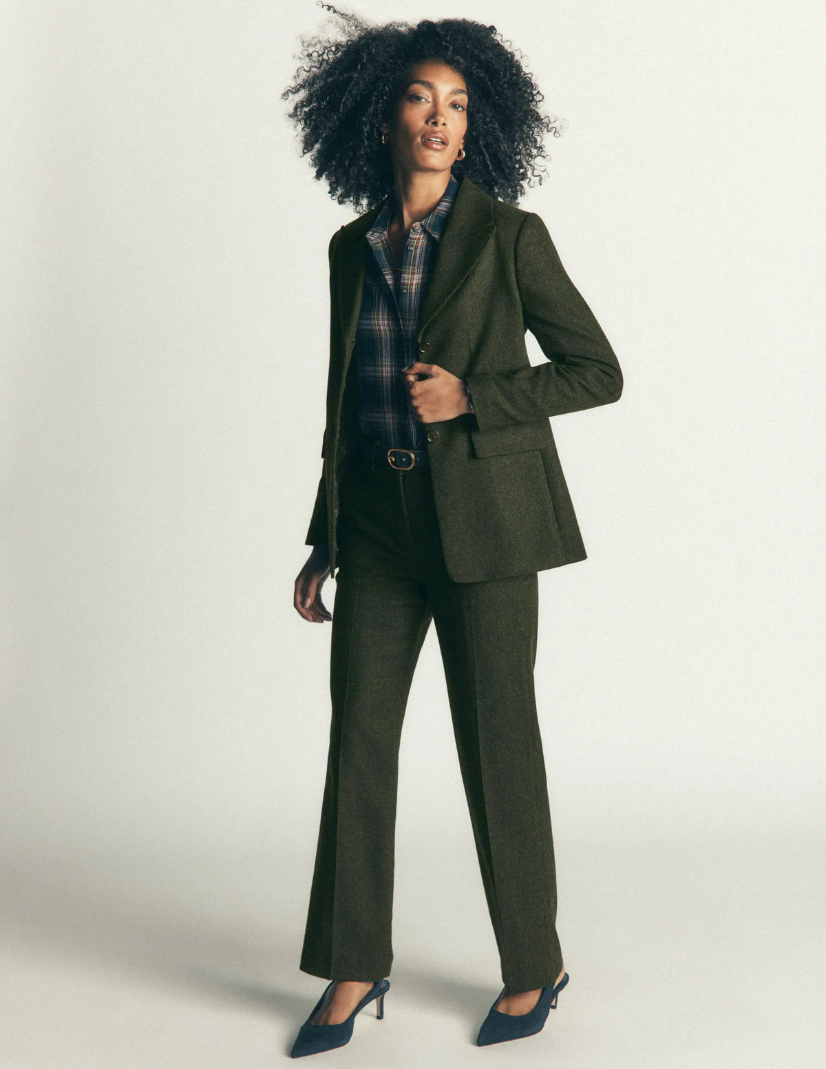 Longline Wool Button Blazer-Dark Green Herringbone