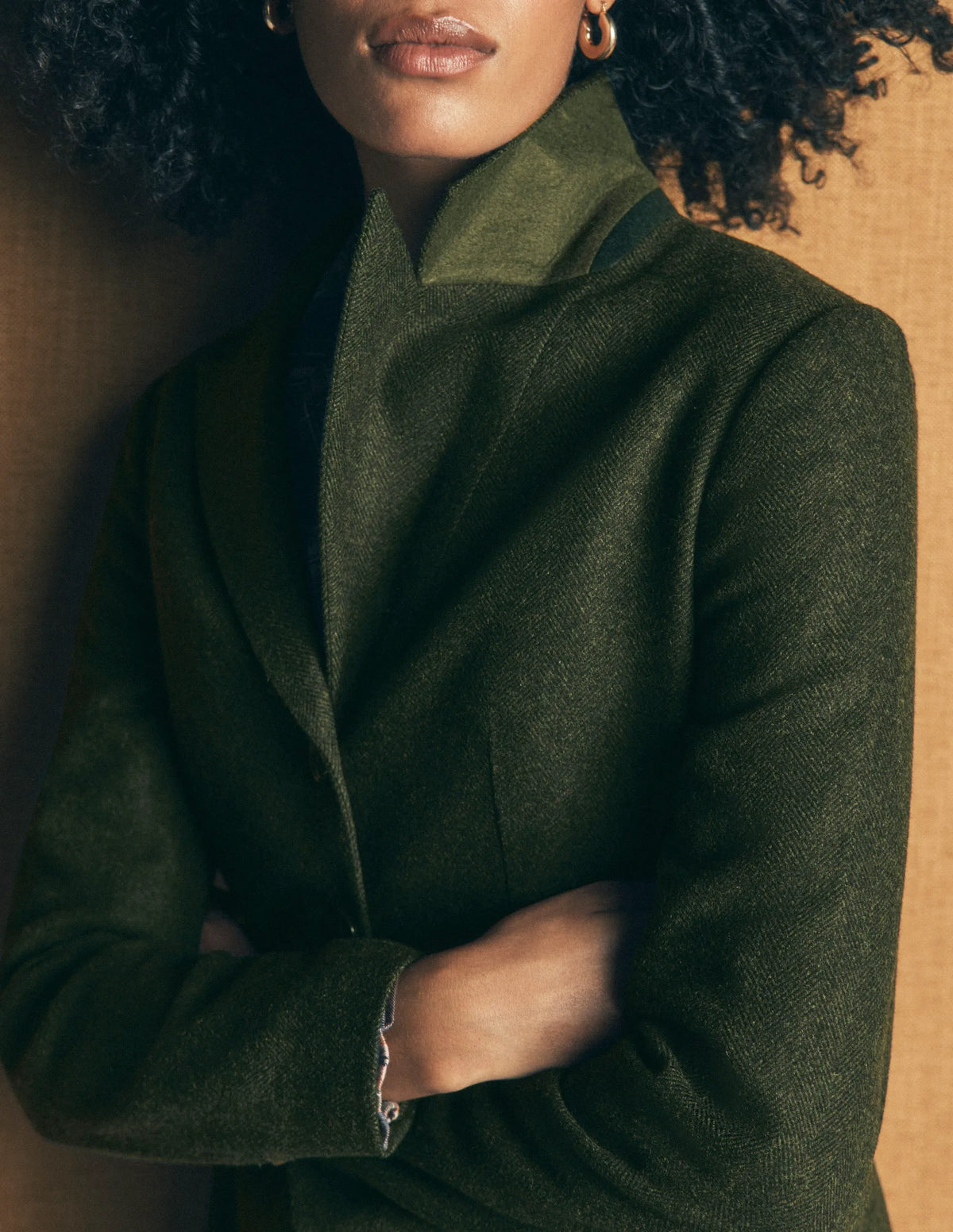 Longline Wool Button Blazer-Dark Green Herringbone