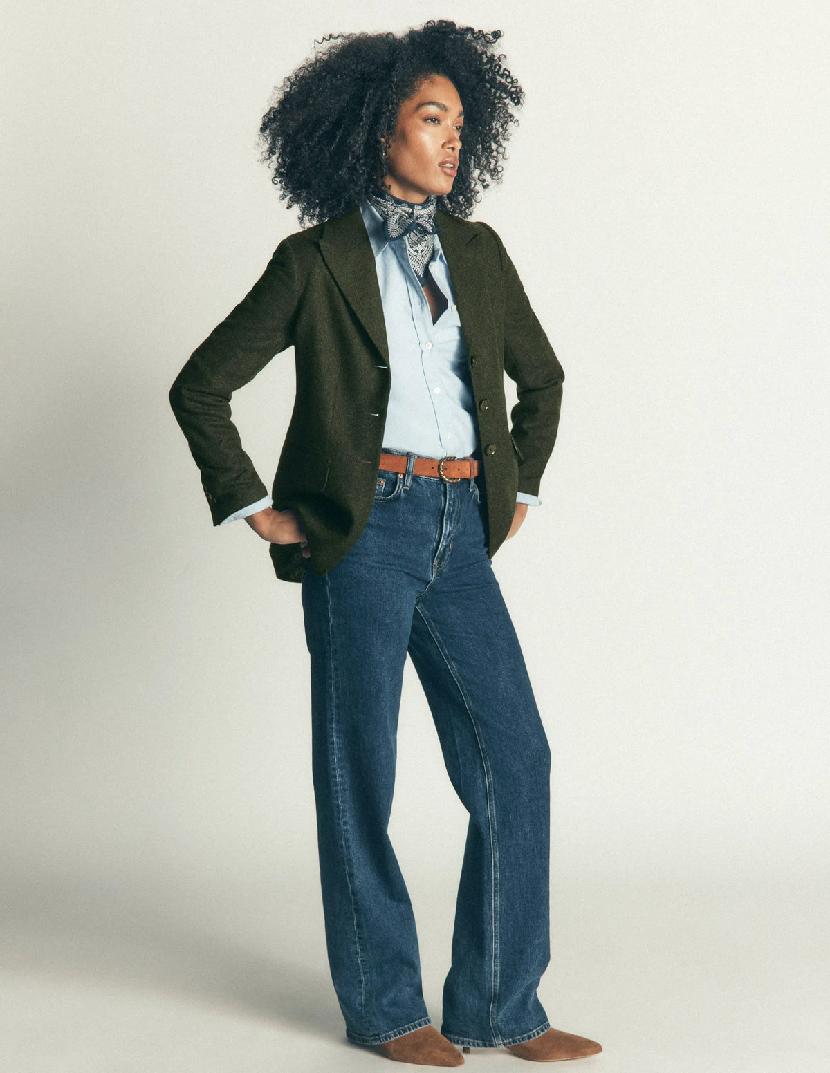 Longline Wool Button Blazer-Dark Green Herringbone