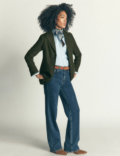 Longline Wool Button Blazer-Dark Green Herringbone