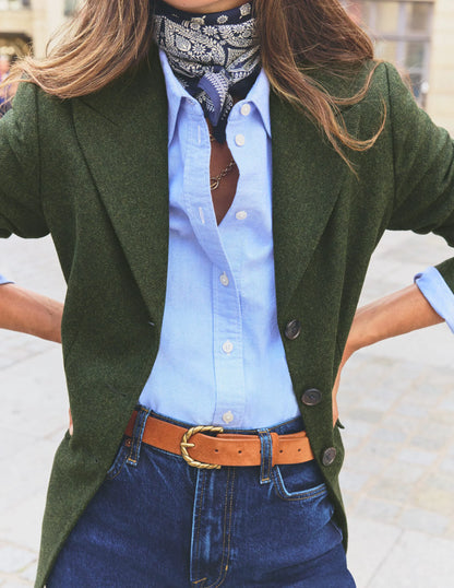Longline Wool Button Blazer-Dark Green Herringbone