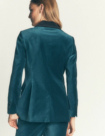 Longline Velvet Button Blazer-Teal Ocean