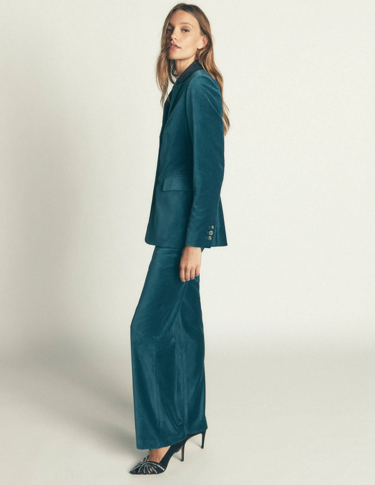 Longline Velvet Button Blazer-Teal Ocean