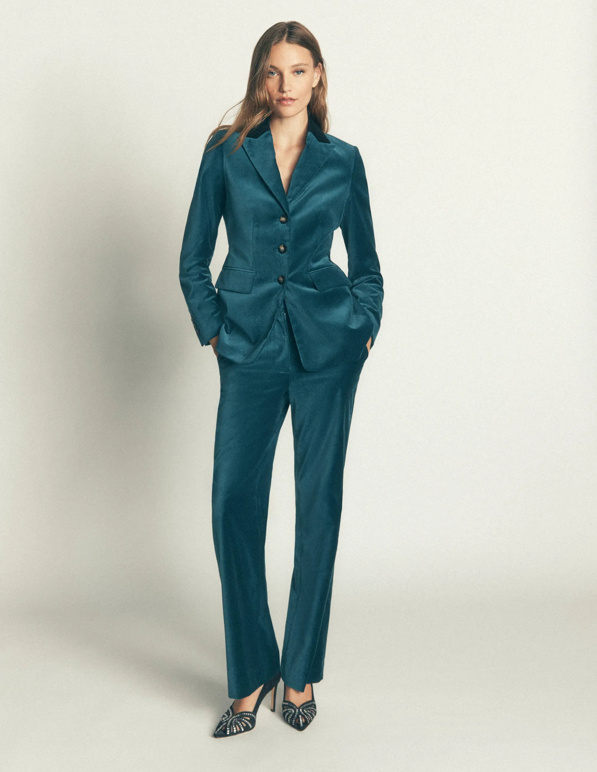 Longline Velvet Button Blazer-Teal Ocean