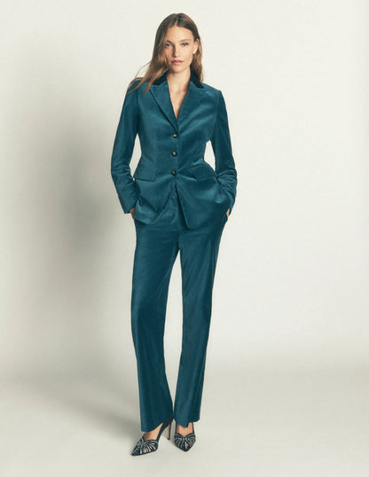 Longline Velvet Button Blazer-Teal Ocean