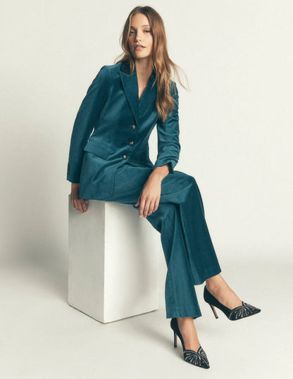 Longline Velvet Button Blazer-Teal Ocean