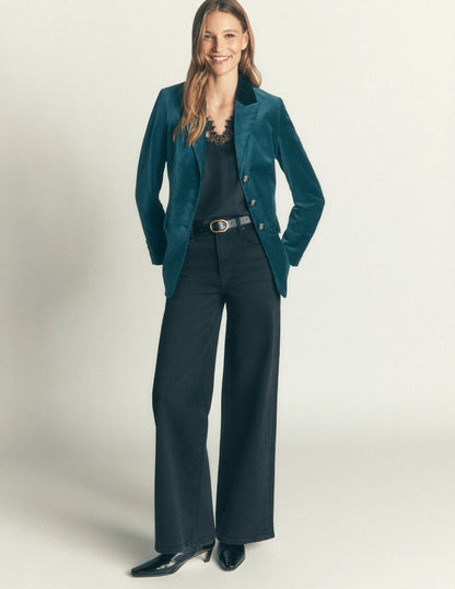Longline Velvet Button Blazer-Teal Ocean