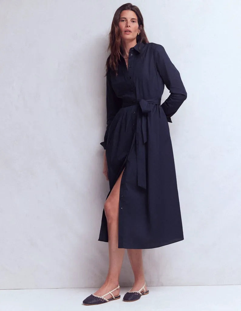 Alexa Cotton Midi Shirt Dress-Navy