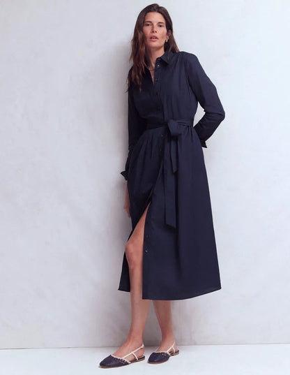 Alexa Cotton Midi Shirt Dress-Navy