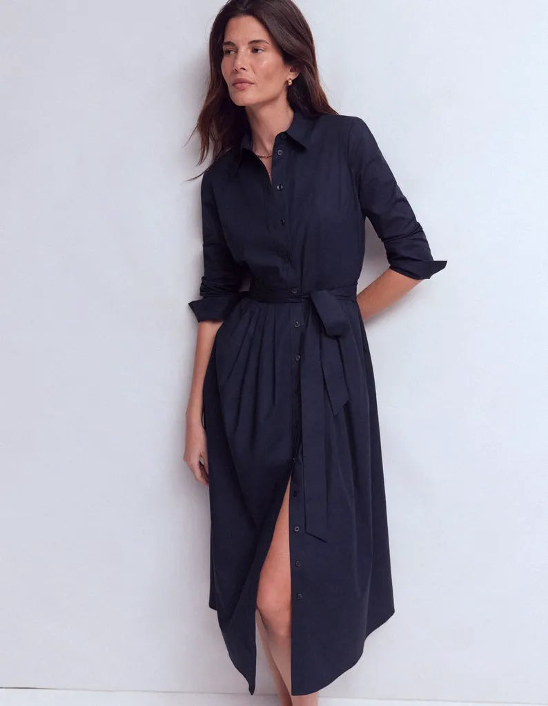 Alexa Cotton Midi Shirt Dress-Navy